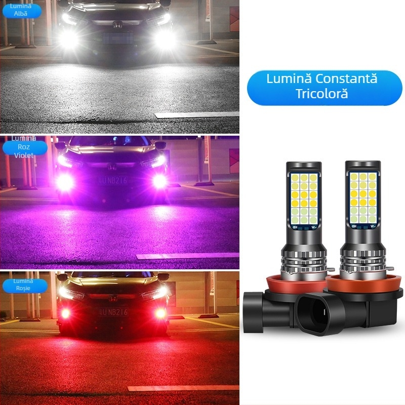 Lampă LED pentru ceața auto, 3030 cu trei culori, compatibilă cu H3/H8/H11 – bec de ceață frontal cu efect de strobing