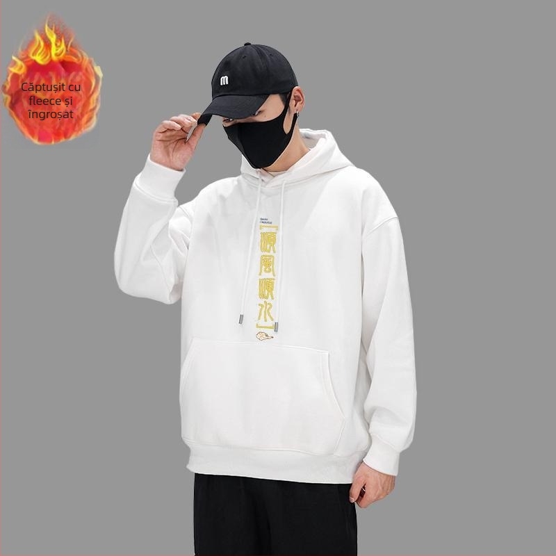 Hanorac masculin cu fleece pe interior și glugă, imprimeu cu animale, potrivit pentru patru sezoane, 96% poliester