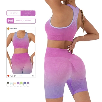 Set yoga pentru femei cu design gradient fără cusături, material care absoarbe umezeala; top cu mâneci lungi, sutien încorporat; pantaloni sau şorturi; 60% nylon, 6% spandex, 34% polyester