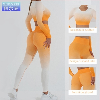 Set yoga pentru femei cu design gradient fără cusături, material care absoarbe umezeala; top cu mâneci lungi, sutien încorporat; pantaloni sau şorturi; 60% nylon, 6% spandex, 34% polyester