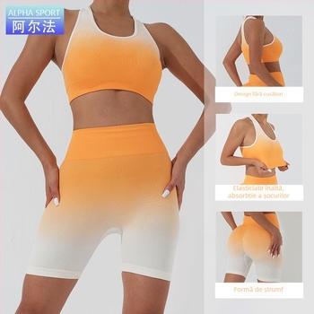 Set yoga pentru femei cu design gradient fără cusături, material care absoarbe umezeala; top cu mâneci lungi, sutien încorporat; pantaloni sau şorturi; 60% nylon, 6% spandex, 34% polyester