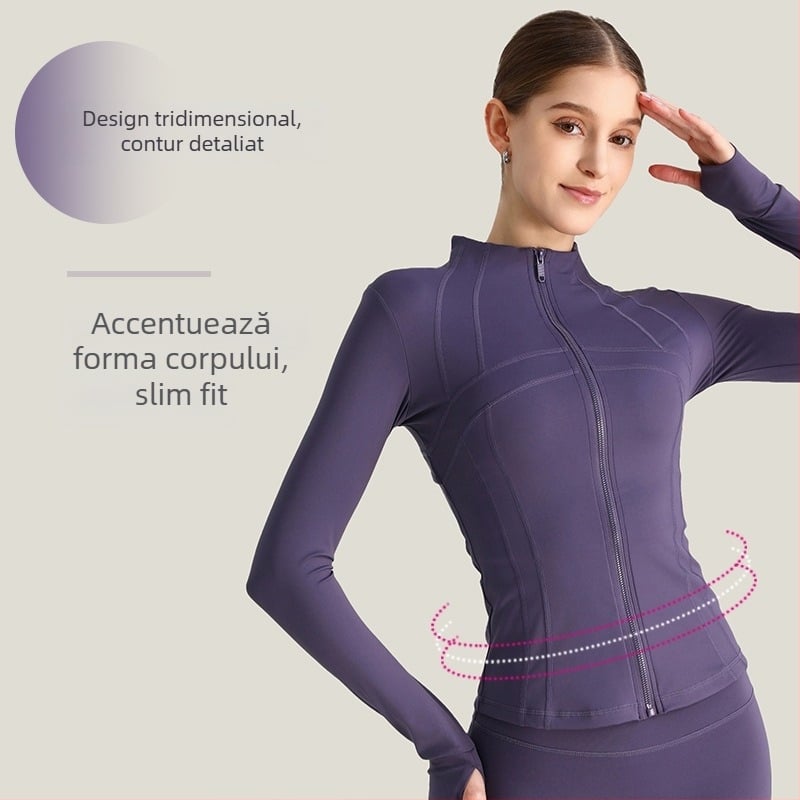 Jachetă de yoga pentru femei, mâneci lungi, croială lejeră, material nylon/spandex 80/20, evacuare a umezelii