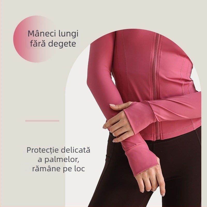 Jachetă de yoga pentru femei, mâneci lungi, croială lejeră, material nylon/spandex 80/20, evacuare a umezelii