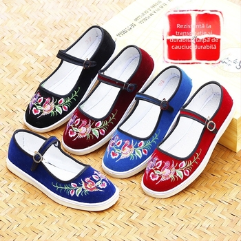 Pantofi din țesătură, croiți manual, cu broderie florală în stil etnic; talpă din tendon de vită; vârf rotund; toc mic 1–3 cm