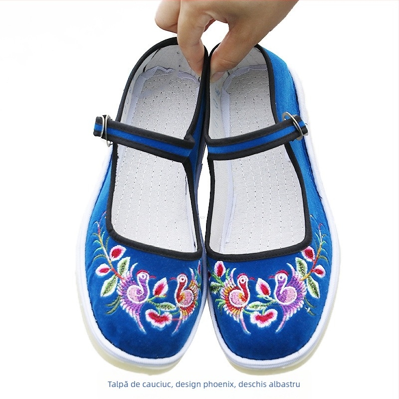 Pantofi din țesătură, croiți manual, cu broderie florală în stil etnic; talpă din tendon de vită; vârf rotund; toc mic 1–3 cm