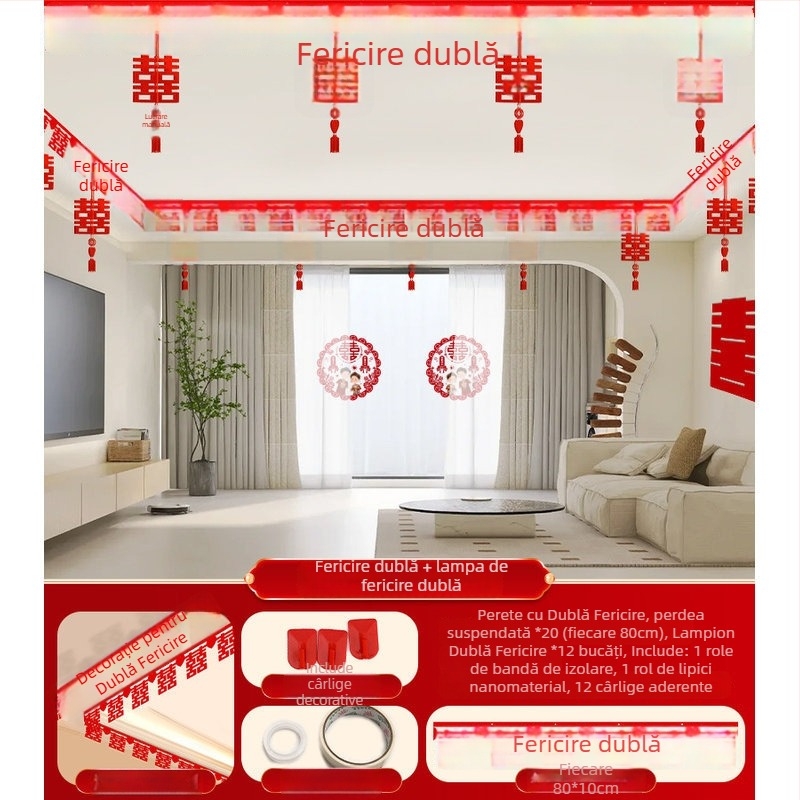 Set de decor pentru sufragerie de nuntă cu ghirlandă Xi și perdea de tavan (textil nețesut, panglică)