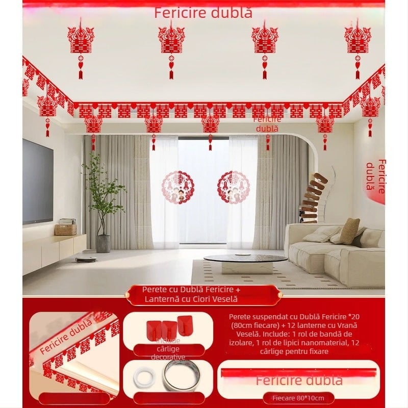 Set de decor pentru sufragerie de nuntă cu ghirlandă Xi și perdea de tavan (textil nețesut, panglică)