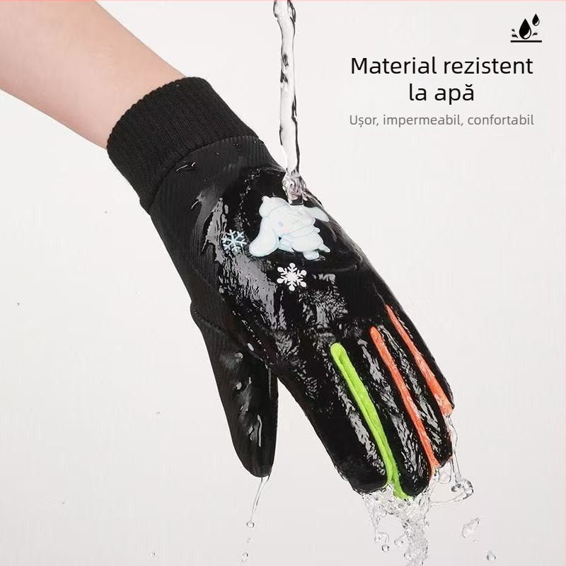 Mănuși calde pentru copii pentru sporturi în aer liber și ciclism – fibră de poliester, mențin căldura, model cartoon, pentru vârste 6–10 ani, iarnă și toamnă