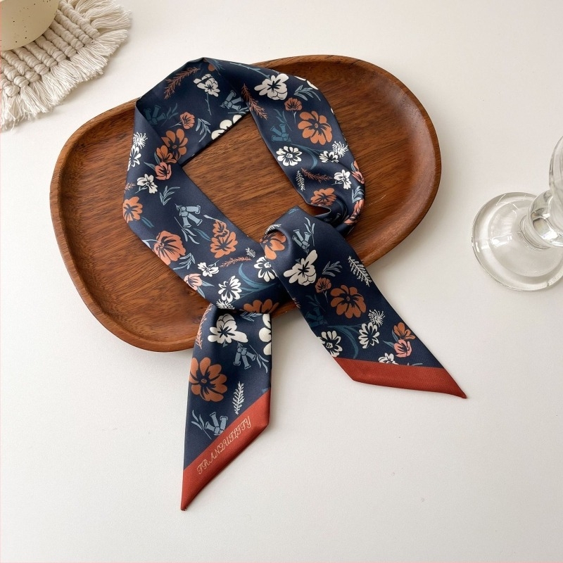 Șal pentru păr în stil franțuzesc din mătase sintetică, panglică lungă – țesătură simplă, imprimare, Primăvara 2024