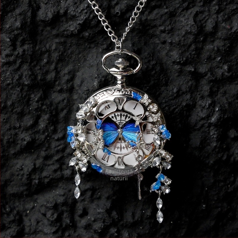 Ceas de buzunar cu specimen real de fluture în mișcare, cadou ideal pentru fete și prietene (Mișcare electronică; Rezistență la apă 35m; Carcasă din silicon; Cadran rotund; Geam ABS)