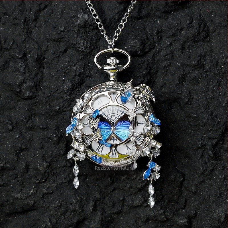 Ceas de buzunar cu specimen real de fluture în mișcare, cadou ideal pentru fete și prietene (Mișcare electronică; Rezistență la apă 35m; Carcasă din silicon; Cadran rotund; Geam ABS)