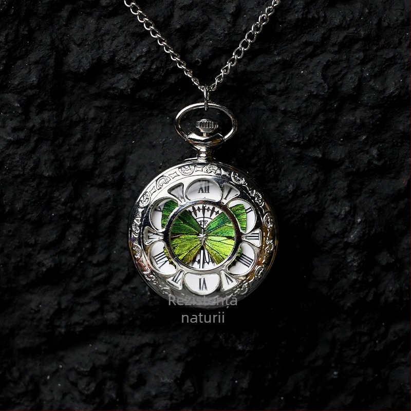 Ceas de buzunar cu specimen real de fluture în mișcare, cadou ideal pentru fete și prietene (Mișcare electronică; Rezistență la apă 35m; Carcasă din silicon; Cadran rotund; Geam ABS)