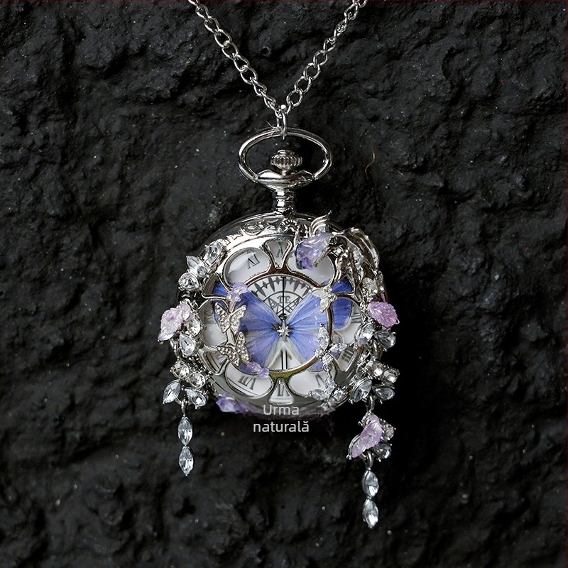 Ceas de buzunar cu specimen real de fluture în mișcare, cadou ideal pentru fete și prietene (Mișcare electronică; Rezistență la apă 35m; Carcasă din silicon; Cadran rotund; Geam ABS)