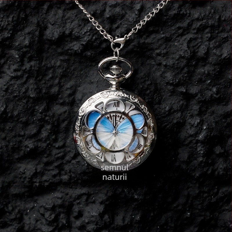 Ceas de buzunar cu specimen real de fluture în mișcare, cadou ideal pentru fete și prietene (Mișcare electronică; Rezistență la apă 35m; Carcasă din silicon; Cadran rotund; Geam ABS)