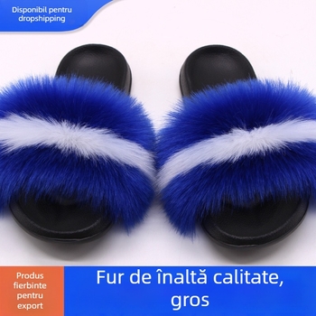 Papuci din blană de vulpe, stil coreean, partea superioară și căptușeala din blană, talpă EVA