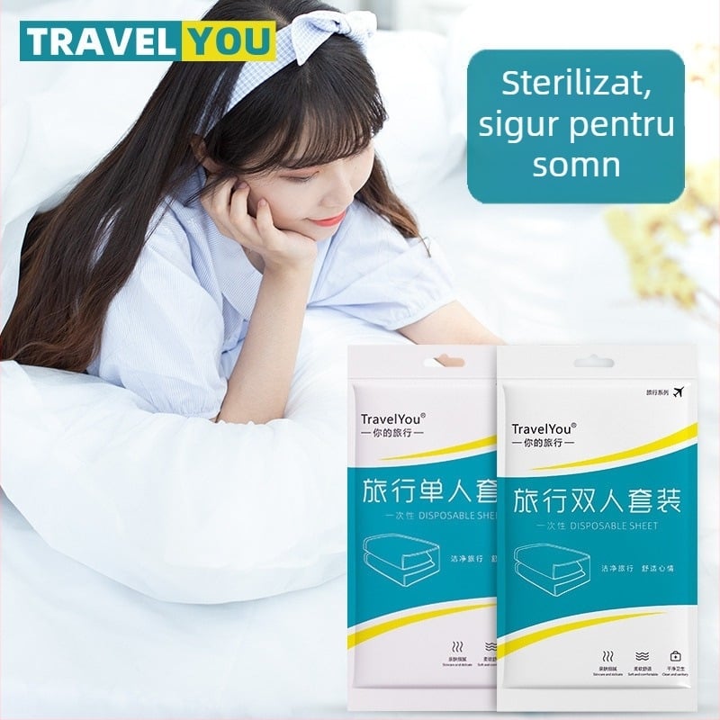 Set de lenjerie de călătorie, de unică folosință — 4 piese, țesătură nețesută, include cearșaf, husă de pilotă și fețe de pernă