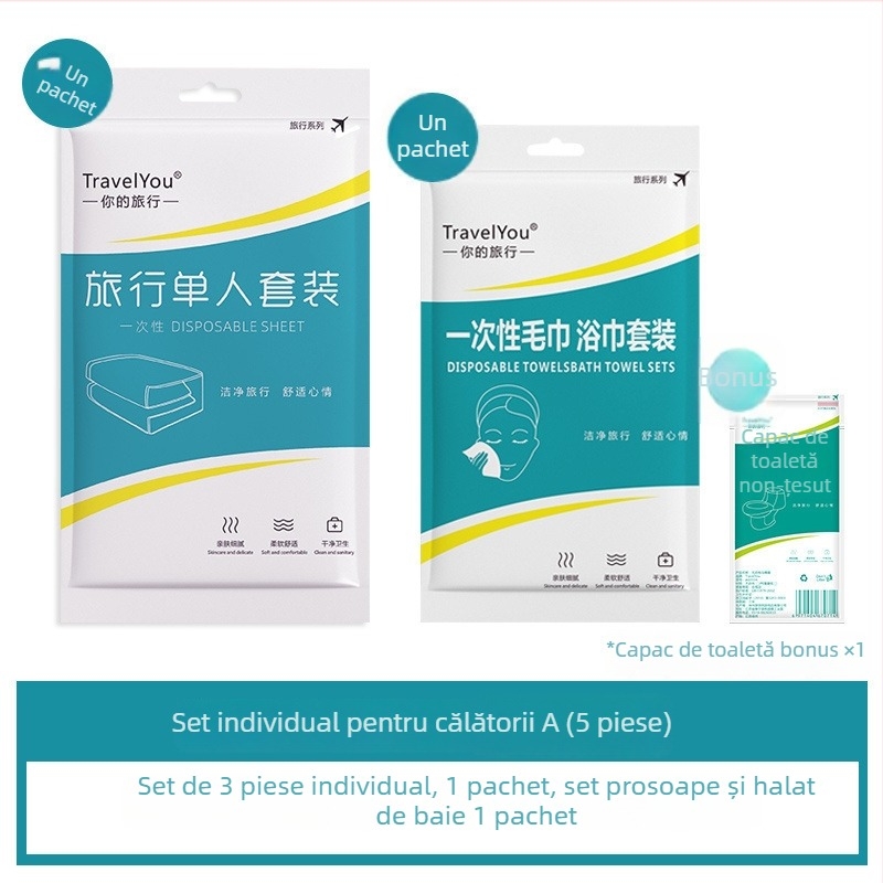 Set de lenjerie de călătorie, de unică folosință — 4 piese, țesătură nețesută, include cearșaf, husă de pilotă și fețe de pernă