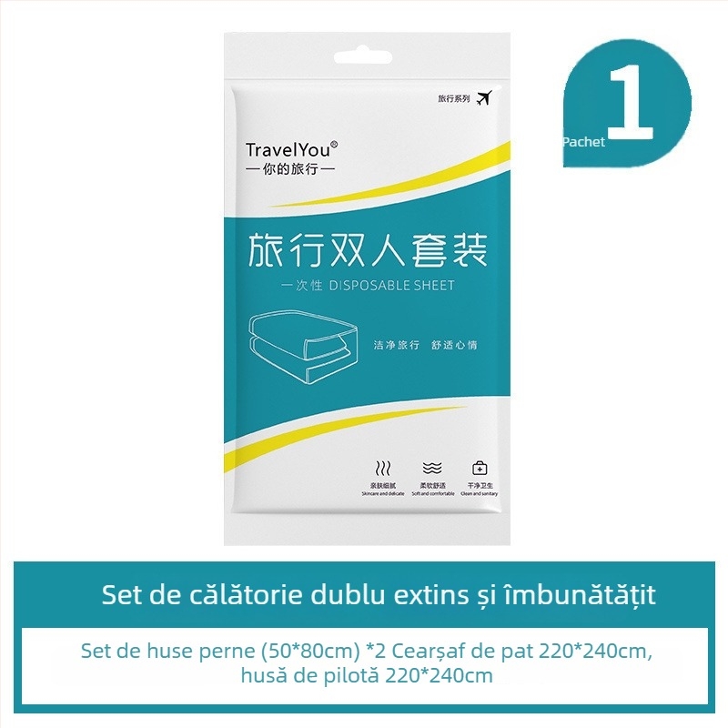 Set de lenjerie de călătorie, de unică folosință — 4 piese, țesătură nețesută, include cearșaf, husă de pilotă și fețe de pernă