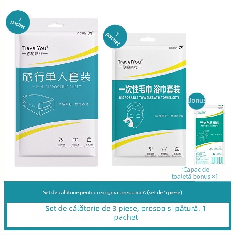 Set de lenjerie de călătorie, de unică folosință — 4 piese, țesătură nețesută, include cearșaf, husă de pilotă și fețe de pernă
