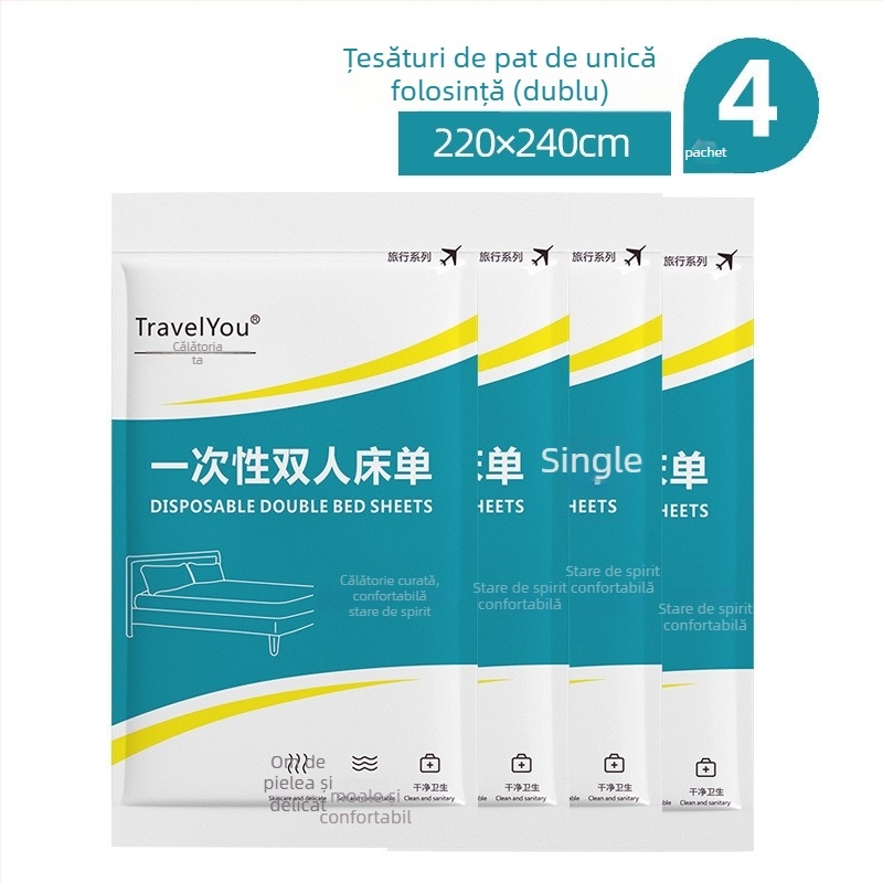 Set de lenjerie de călătorie, de unică folosință — 4 piese, țesătură nețesută, include cearșaf, husă de pilotă și fețe de pernă