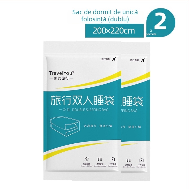 Set de lenjerie de călătorie, de unică folosință — 4 piese, țesătură nețesută, include cearșaf, husă de pilotă și fețe de pernă
