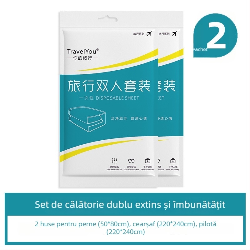 Set de lenjerie de călătorie, de unică folosință — 4 piese, țesătură nețesută, include cearșaf, husă de pilotă și fețe de pernă