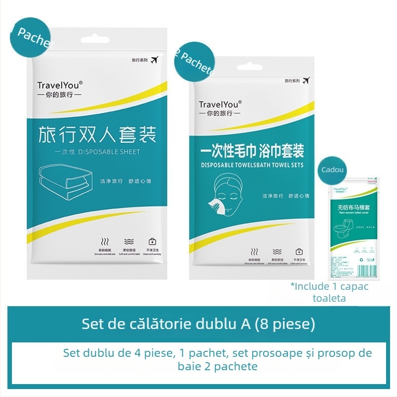 Set de lenjerie de călătorie, de unică folosință — 4 piese, țesătură nețesută, include cearșaf, husă de pilotă și fețe de pernă