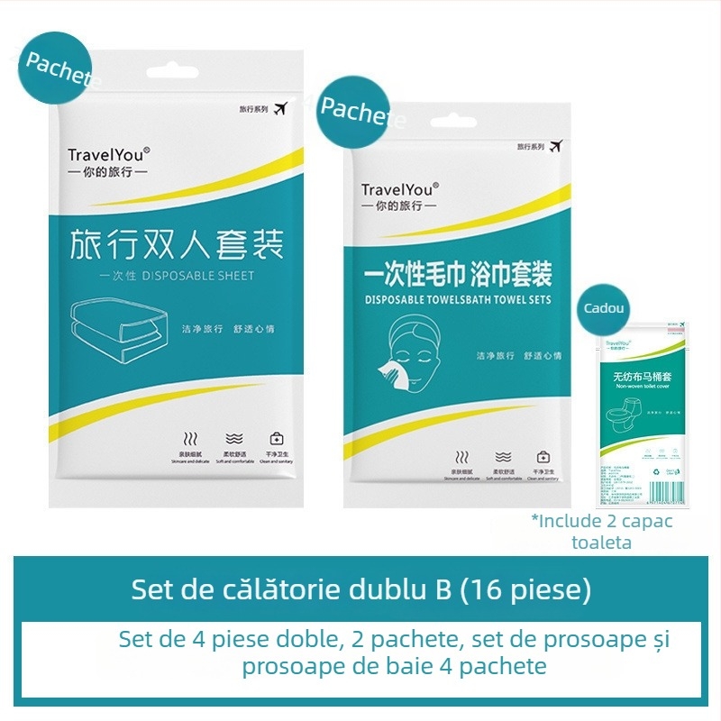 Set de lenjerie de călătorie, de unică folosință — 4 piese, țesătură nețesută, include cearșaf, husă de pilotă și fețe de pernă