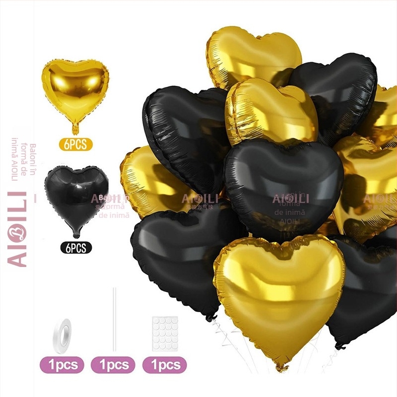 Baloni din folie de aluminiu, inimă, set de 12 bucăți, Aubrey, pentru zile de naștere și Ziua Îndrăgostiților