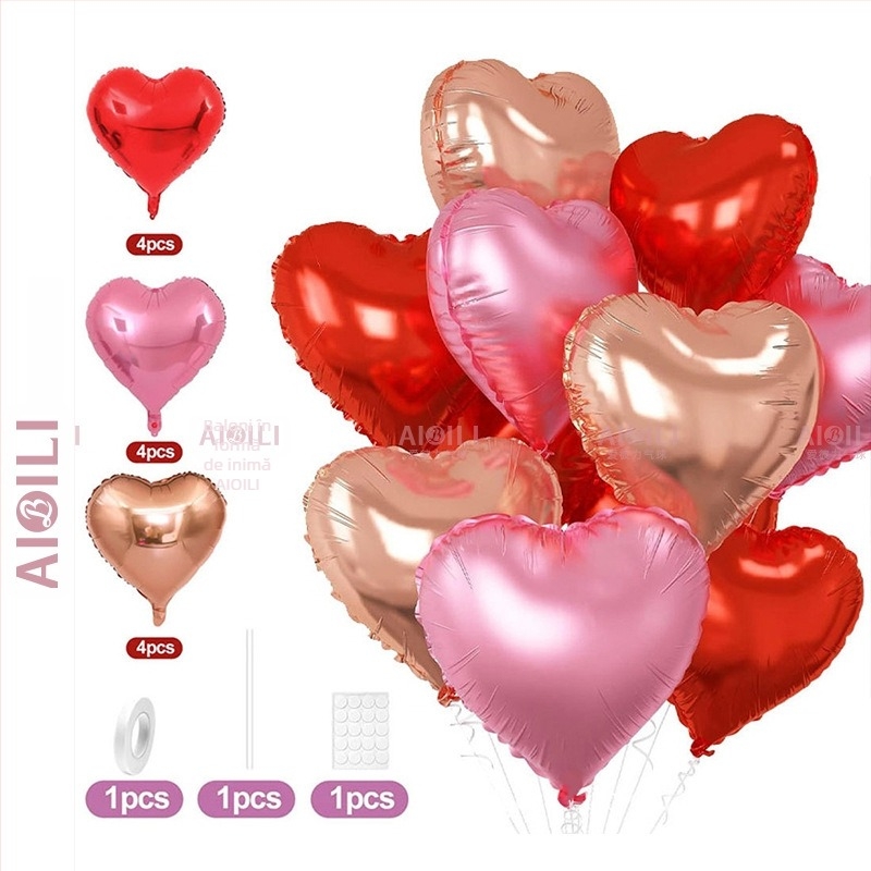 Baloni din folie de aluminiu, inimă, set de 12 bucăți, Aubrey, pentru zile de naștere și Ziua Îndrăgostiților