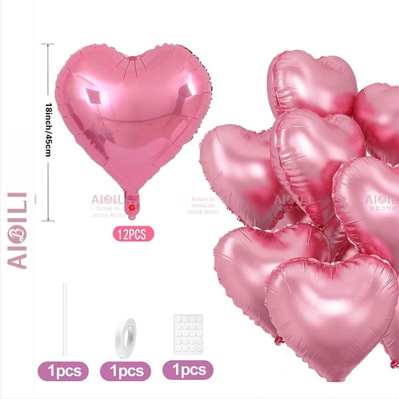 Baloni din folie de aluminiu, inimă, set de 12 bucăți, Aubrey, pentru zile de naștere și Ziua Îndrăgostiților