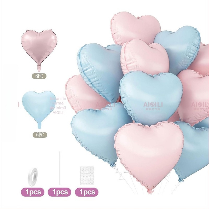 Baloni din folie de aluminiu, inimă, set de 12 bucăți, Aubrey, pentru zile de naștere și Ziua Îndrăgostiților