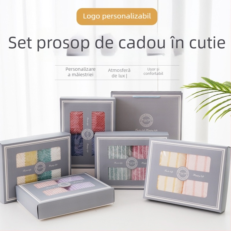 Set de două prosoape de față din fleece coral, cutie cadou, logo brodat, personalizabil
