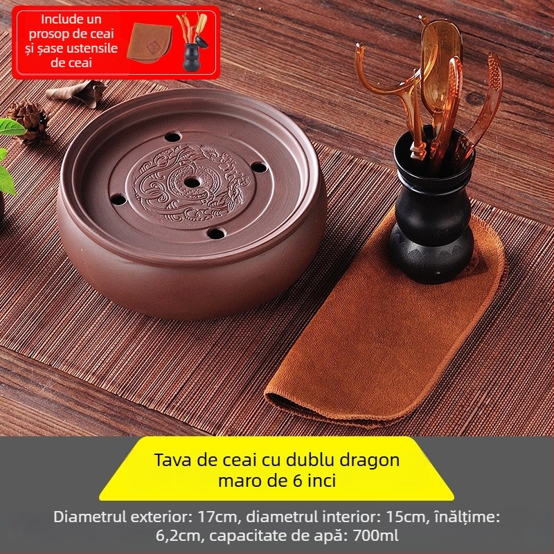 Tavă de ceai ceramică, rotundă, lucrată manual, primă clasă, stil retro, lux retro ușor