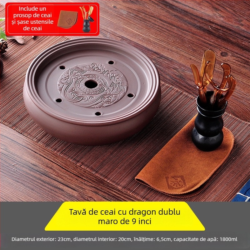 Tavă de ceai ceramică, rotundă, lucrată manual, primă clasă, stil retro, lux retro ușor