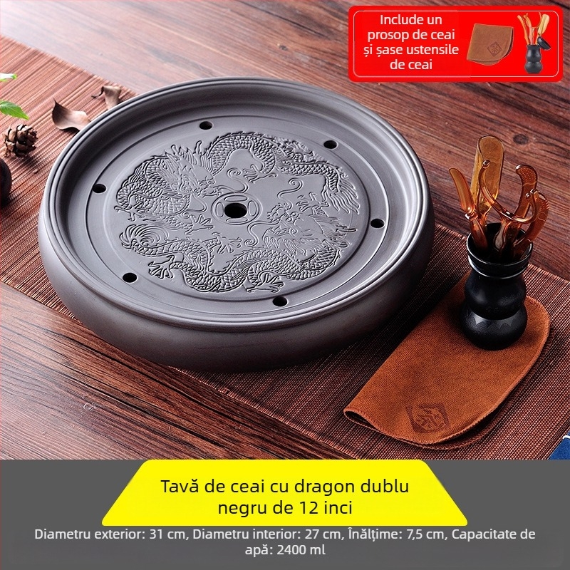 Tavă de ceai ceramică, rotundă, lucrată manual, primă clasă, stil retro, lux retro ușor