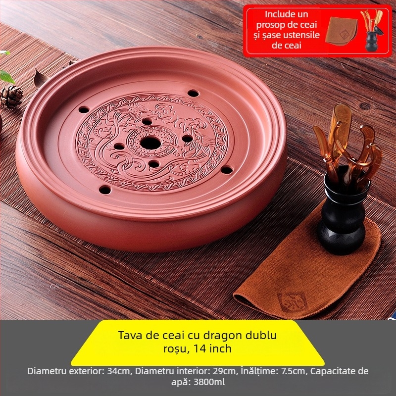 Tavă de ceai ceramică, rotundă, lucrată manual, primă clasă, stil retro, lux retro ușor