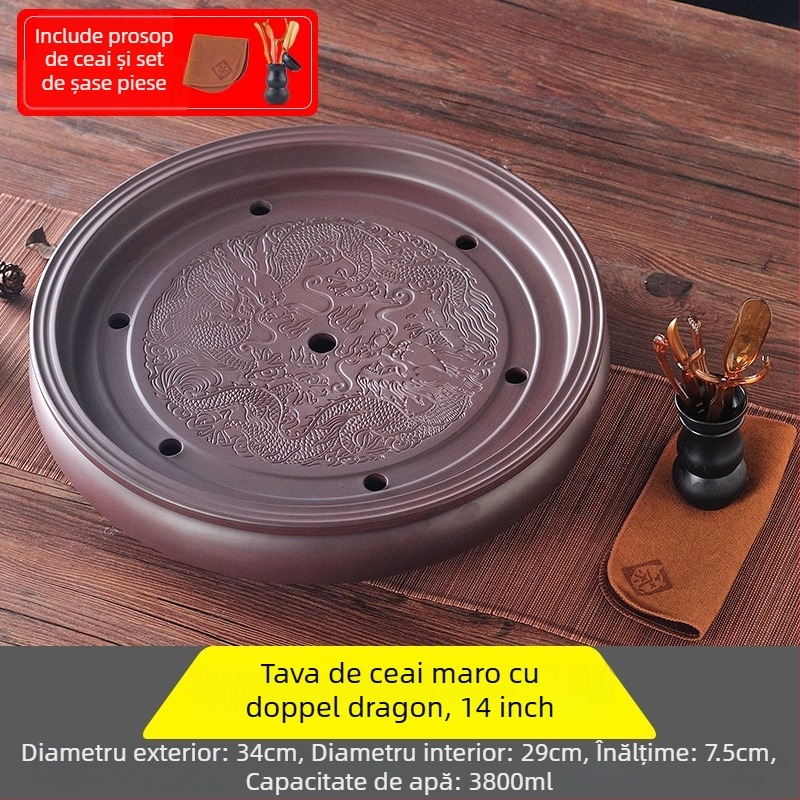 Tavă de ceai ceramică, rotundă, lucrată manual, primă clasă, stil retro, lux retro ușor