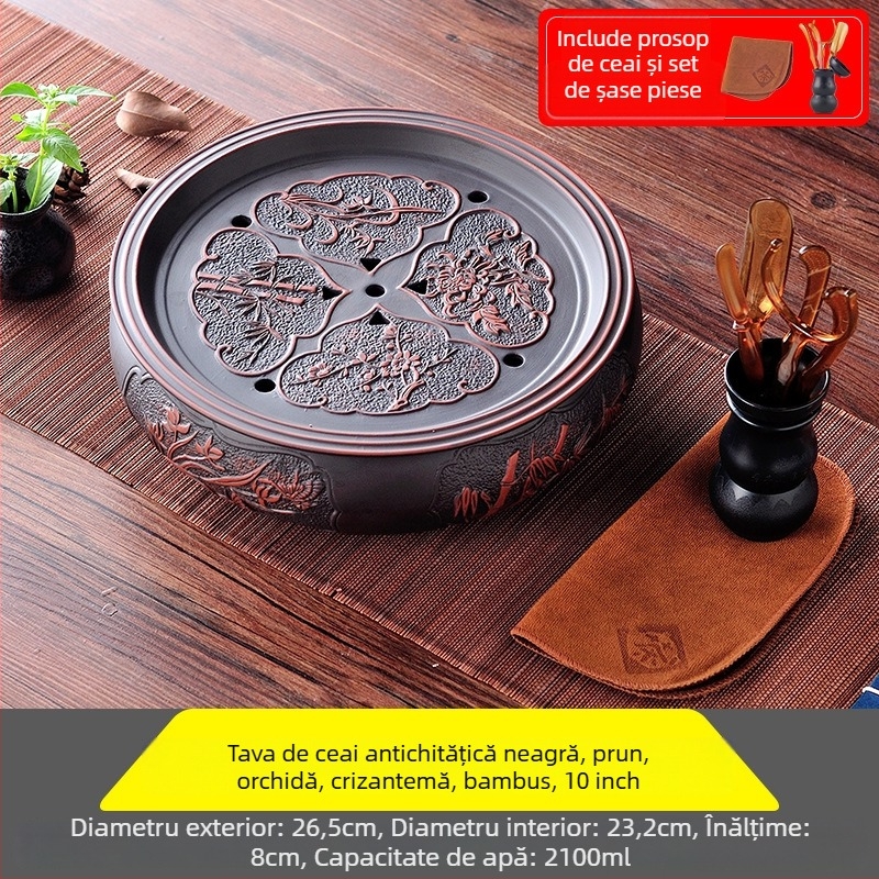Tavă de ceai ceramică, rotundă, lucrată manual, primă clasă, stil retro, lux retro ușor