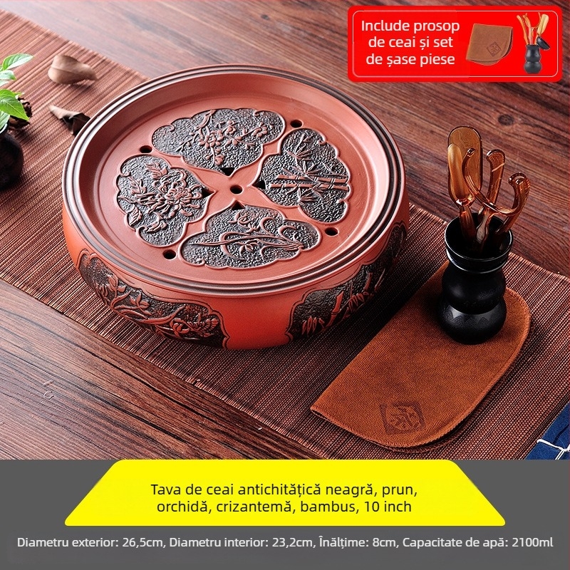 Tavă de ceai ceramică, rotundă, lucrată manual, primă clasă, stil retro, lux retro ușor