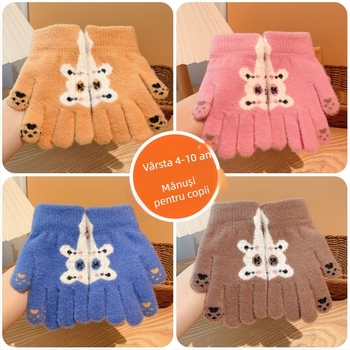 Mănuși de iarnă pentru copii, tricot Mohair, Jacquard, calde, unisex, urs desene animate
