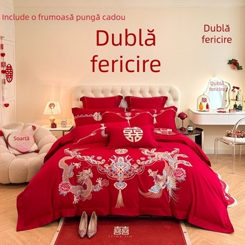 Set de pat în stil chinezesc pentru nuntă, patru piese, broderie roșie, husă de pilotă și cearșafuri pentru proaspăt căsătoriți