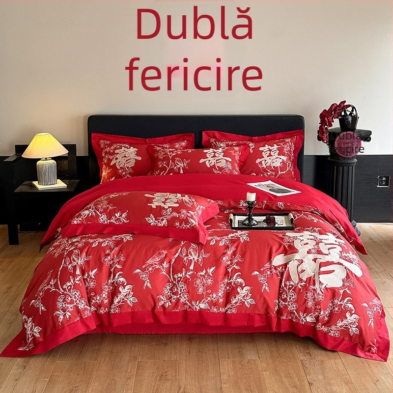 Set de pat în stil chinezesc pentru nuntă, patru piese, broderie roșie, husă de pilotă și cearșafuri pentru proaspăt căsătoriți