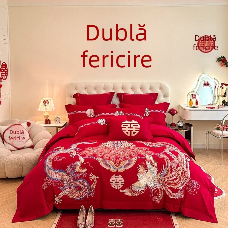 Set de pat în stil chinezesc pentru nuntă, patru piese, broderie roșie, husă de pilotă și cearșafuri pentru proaspăt căsătoriți
