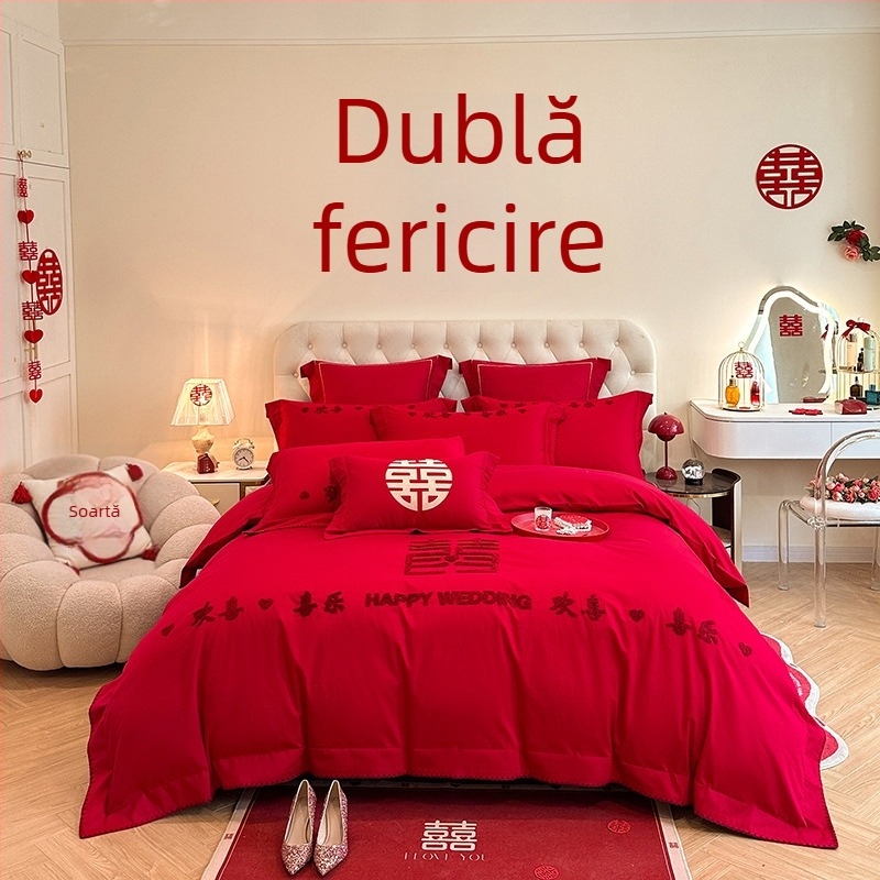 Set de pat în stil chinezesc pentru nuntă, patru piese, broderie roșie, husă de pilotă și cearșafuri pentru proaspăt căsătoriți