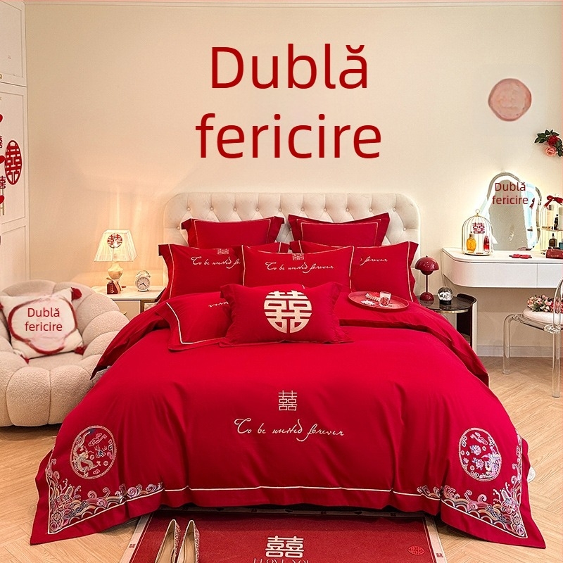 Set de pat în stil chinezesc pentru nuntă, patru piese, broderie roșie, husă de pilotă și cearșafuri pentru proaspăt căsătoriți