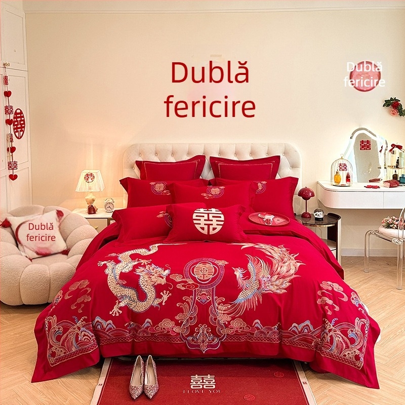 Set de pat în stil chinezesc pentru nuntă, patru piese, broderie roșie, husă de pilotă și cearșafuri pentru proaspăt căsătoriți