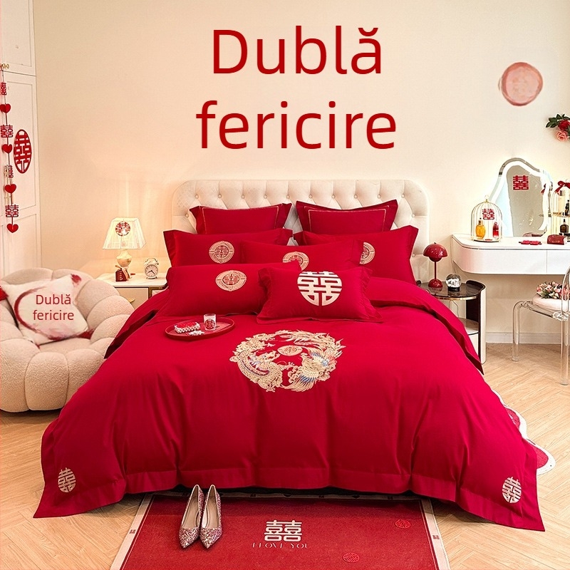 Set de pat în stil chinezesc pentru nuntă, patru piese, broderie roșie, husă de pilotă și cearșafuri pentru proaspăt căsătoriți