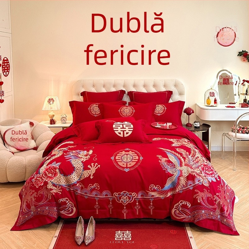 Set de pat în stil chinezesc pentru nuntă, patru piese, broderie roșie, husă de pilotă și cearșafuri pentru proaspăt căsătoriți