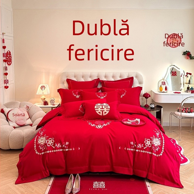 Set de pat în stil chinezesc pentru nuntă, patru piese, broderie roșie, husă de pilotă și cearșafuri pentru proaspăt căsătoriți